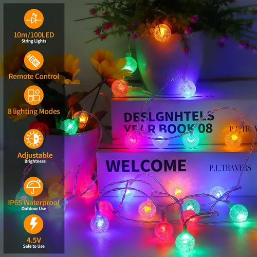 Vista 2 de Luces que cambian de color alimentadas por baterías, paquete de 2 unidades en total de 66 pies, 200 luces LED coloridas con control remoto, 8 modos