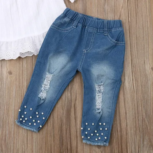 Vista 7 de Conjunto de vestir para bebé y niña, con camiseta sin mangas y pantalón corto vaquero desgarrado, conjunto de vestir de falda o pantalón corto