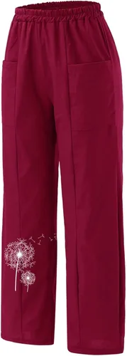 Vista 4 de Maternity Pants for Women Womens Solid Color Casual Pants Flower Prints Trousers Elastic Waist Pockets Wide Leg
