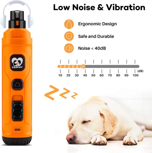 Vista 4 de Casfuy Molinillo de uñas para perros con 2 luces LED - Nueva versión de 2 velocidades, potente recortador de uñas eléctrico para mascotas