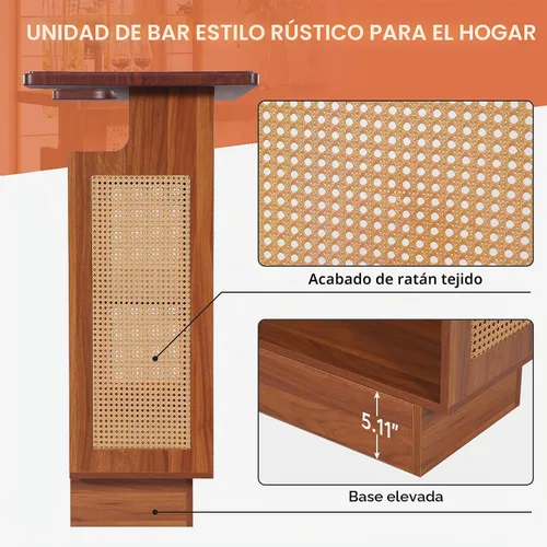 Vista 6 de Tribesigns: unidad de bar para el hogar de ratán, mesa de bar de 4 estantes estilo granja con 4 portavasos y base elevada, gabinete de bar