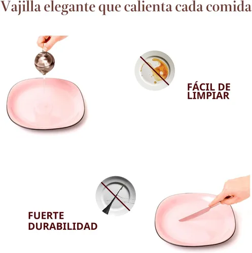 Vista 4 de juego de vajilla de cerámica de 16 piezas en forma cuadrada, interior rosa brillante + exterior negro mate