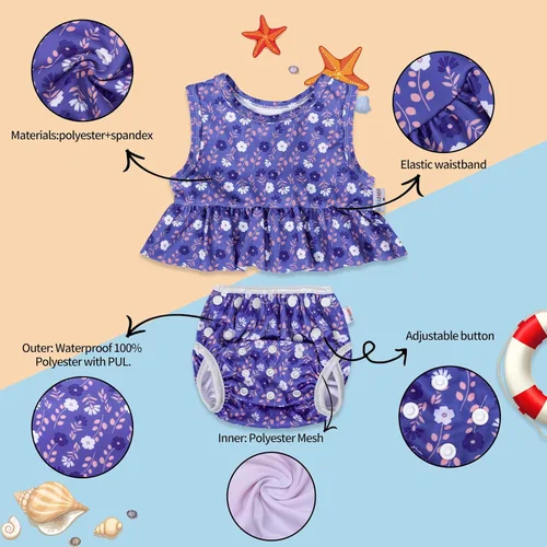 Vista 2 de ALVA Toddler Baby Girl Swimsuit,Infant Bathing Sleeveless Bikinis Swimwear,Baby Reusable Swim Diaper with Matching Top