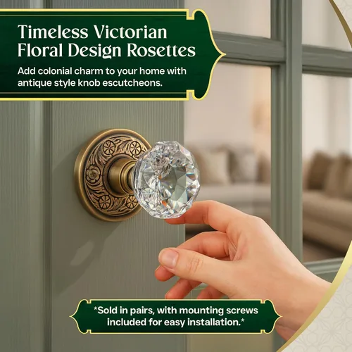 Vista 6 de Renovators Supply Manufacturing Par de rosetas de pomo de puerta de 2.38 pulgadas de latón antiguo decorativo para puerta