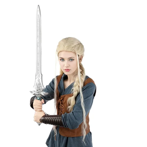 Vista 3 de MUPUL Peluca rubia larga trenzada para disfraz de ciri, para mujer, fiesta de Halloween, cosplay, accesorios de disfraz