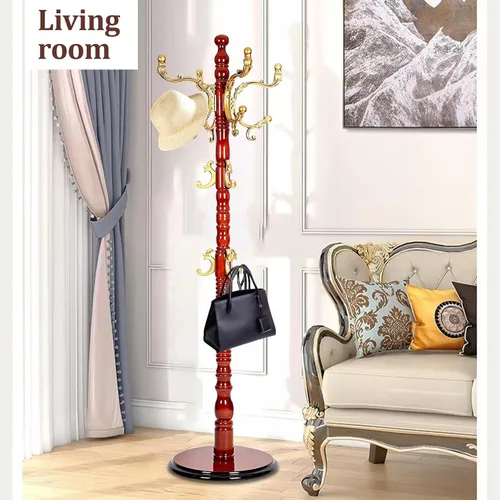 Vista 2 de Percheros independientes, estante de madera de alta calidad para árbol, árbol de pasillo con 14 ganchos y base de disco estable, para como abrigos