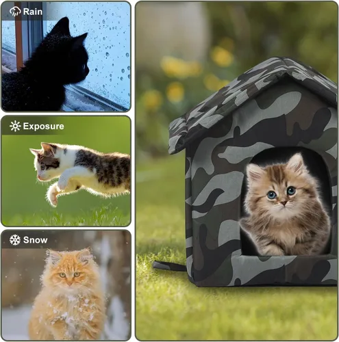 Vista 4 de Casa para gatos al aire libre para gatos al aire libre, casa para gatos para invierno, refugio plegable para gatos callejeros con alfombra, puerta
