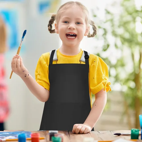 Vista 6 de Juego de 5 delantales para niños, delantal ajustable para niños con 2 bolsillos, delantal de chef para niños para pintar, cocinar, hornear, Negro