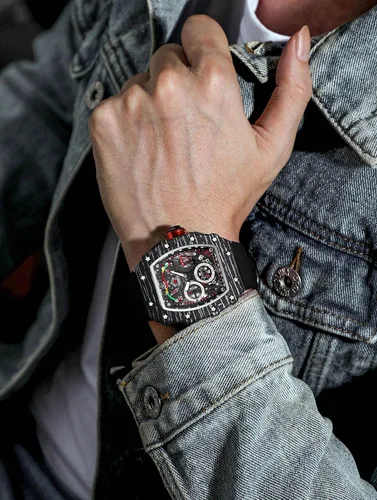 Vista 6 de Reloj de correa de goma para hombre, diseño deportivo cuadrado y luminoso, con cubierta desmontable, analógico y punk, con cronógrafo, mecanismo