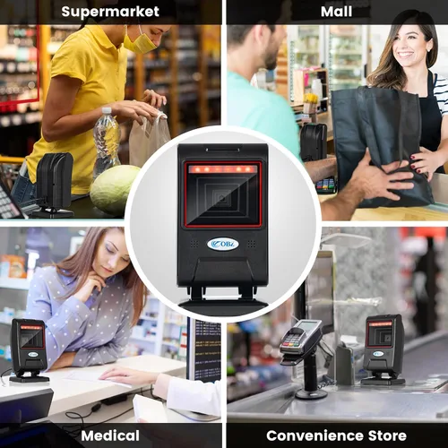Vista 7 de OBZ Escáner de código de barras de escritorio manos libres, lector de código QR omnidireccional 1D 2D con cabezal de escaneo ajustable, escáner
