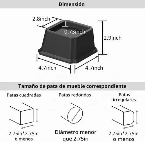Vista 4 de Elevadores de Cama de 2 Pulgadas Resistentes Elevadores de Cama, Juego de 6 Eleva Hasta 2000 Libras Elevador de Muebles para Sofá y Mesa, Negro