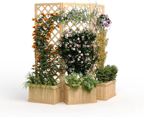 Vista 14 de GarveeLife Paquete de 2 macetas altas de madera con enrejado, cama de jardín elevada de 61.5 pulgadas de alto sobre ruedas, maceta vertical