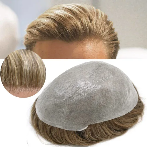 Vista 29 de Toupee - Sistema de reemplazo de cabello para hombres, piel ultrafina, transparente, 0.001 in, poliéster superfino, unidad de cabello de hombre, 8 x