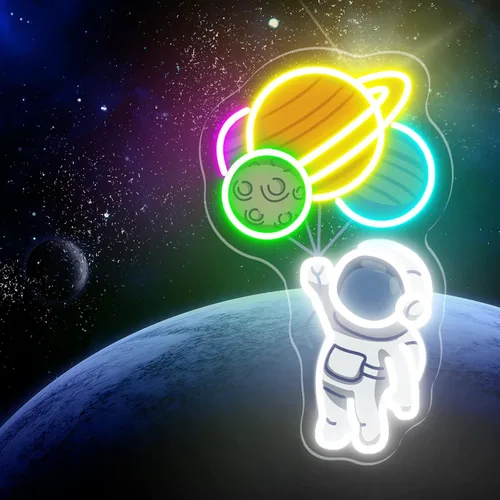 Vista 13 de Letrero de neón de astronauta, astronauta sentado en el planeta tocando guitarra, luz LED de neón, decoración de sala de juegos, decoración de museo