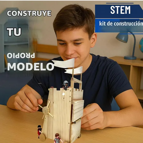 Vista 2 de PATHFINDERS Kit STEM - Torre de asedio medieval con catapulta Kit de construcción de madera para adolescentes y adultos Juguete de ingeniería