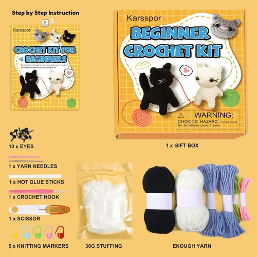 Vista 2 de Karsspor Kit de ganchillo para principiantes – 5 kits de animales de ganchillo de la familia de gatos, kit de inicio de ganchillo con instrucciones