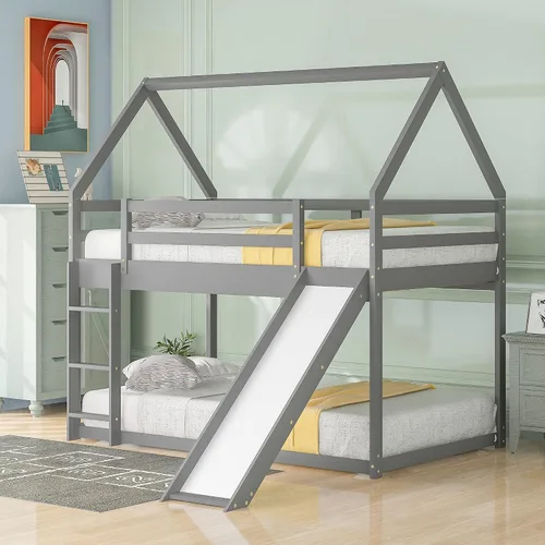 Vista 4 de Harper & Bright Designs - Litera de casa tamaño individual para niños con tobogán, marco de cama individual sobre individual, litera de madera