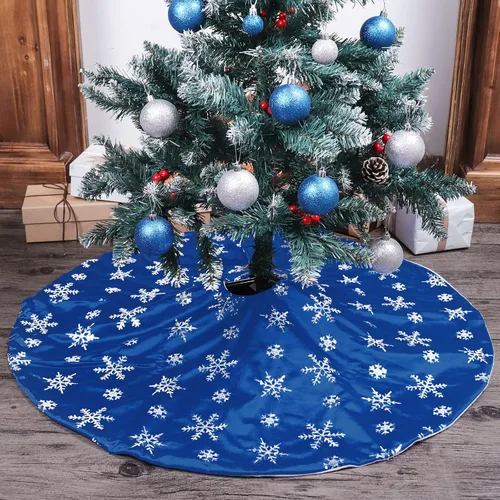 Vista 5 de Bunny Chorus Falda de árbol de Navidad, 36 pulgadas, falda de terciopelo mercerizado azul con copos de nieve de lentejuelas plateadas