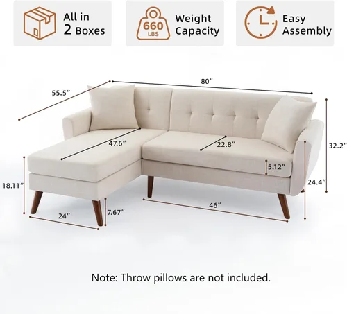 Vista 2 de Tbfit Sofá en Forma de L, Sofás Seccionales Modernos de Mediados de Siglo de 80" de Ancho, Sofás de 3 Plazas con Chaise Lounge Amplio, Sofá Beige