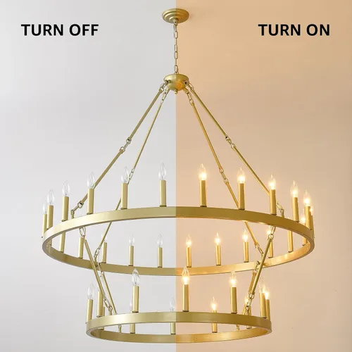 Vista 2 de EGM Candelabro dorado de 48 pulgadas con rueda de carro de 2 niveles, 36 luces grandes de color dorado cepillado estilo granja, lámparas de techo