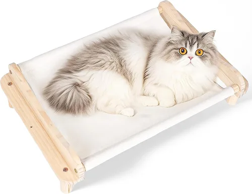 Vista 9 de Cama elevada de madera para gatos – 24 x 15.7 x 5.9 pulgadas, hamaca transpirable para mascotas para uso en interiores y exteriores, tumbona elevada