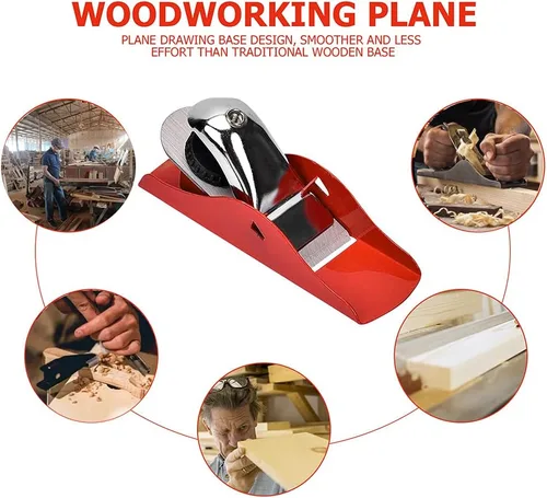 Vista 2 de Mini cepilladora de mano de 3-1/2 pulgadas ajustable roja, utilizada para procesamiento de manualidades de madera, proyectos de tallado y recorte