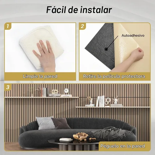 Vista 7 de TONOR 2 paneles de listones de madera, paneles acústicos adhesivos de 48 x 24 pulgadas para pared, paneles decorativos 3D estriados para absorción