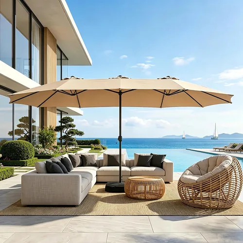 Vista 57 de Sombrilla de doble cara para patio de 15 x 9 pies con base y manivela, sombrilla rectangular extragrande para patio, césped y jardín, beige