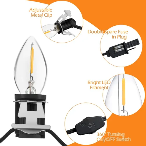 Vista 5 de Meonum Cable de accesorios con 9 bombillas LED, cable de luces de aldea de Navidad C7 de 16.4 pies con clip, luces de molde de soplado para luces