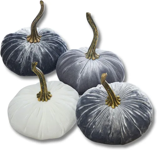 Vista 32 de Juego de 4 pequeñas calabazas de franela de terciopelo y algodón, decoración a cuadros de búfalo blanco y negro, estantes de calabaza negra