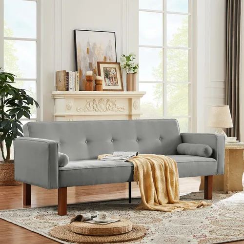 Vista 3 de Sofá cama de tela moderna, sofá cama convertible con 2 almohadas y reposabrazos, sofá reclinable plegable de 75 pulgadas con patas de madera maciza