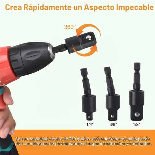 Vista 5 de Kit de extensión de broca flexible de 17 piezas, adaptadores de 1/4" 3/8" 1/2" Rotación de 360°, ángulo recto de 105°/90°, eje flexible, brocas