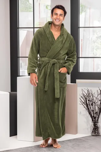 Vista 3 de Alexander Del Rossa Bata de baño de vellón afelpado suave, con capucha, para hombre, bata larga y cálida Verde militar