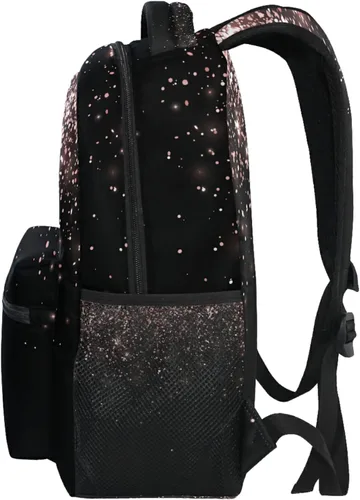 Vista 4 de Pfrewn Mochilas de oro rosa con purpurina negra para niñas, adolescentes y mujeres, mochila escolar para niños y estudiantes