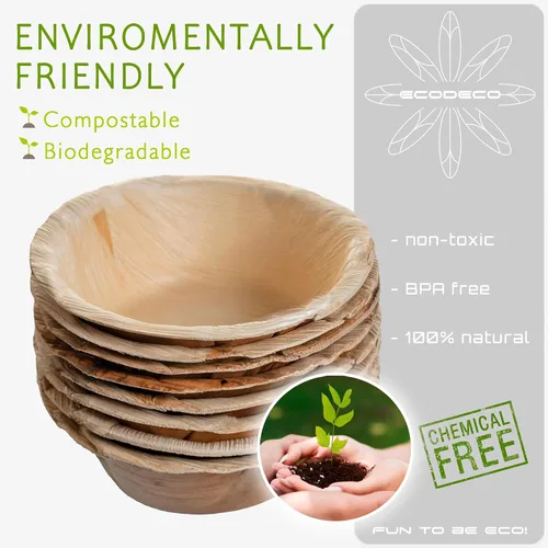 Vista 3 de ECODECO Cuencos de hoja de palmera, 100 platos naturales desechables de bambú de 5 pulgadas (redondos)