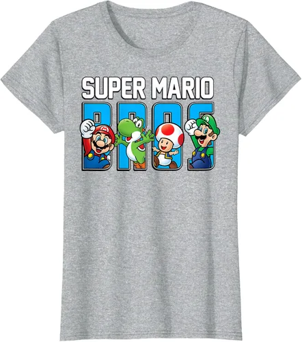 Vista 30 de Super Mario Bros Characters Letter Fill Graphic T-Shirt Camiseta, Negro