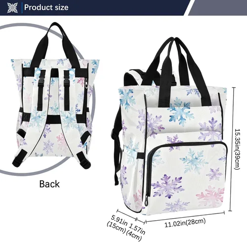 Vista 3 de Mochila para pañales con estampado de copos de nieve, bolsa de nailon impermeable multifunción con bolsillos aislados para botellas, bolsa de viaje