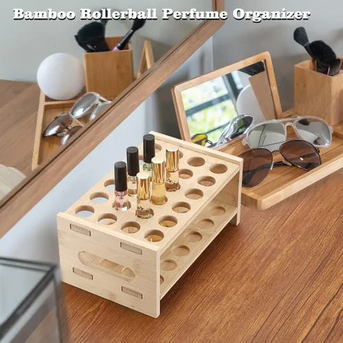Vista 4 de ELLDOO Organizador de perfume Rollerball, soporte de almacenamiento de perfume de bambú para 24 espacios, soporte de aroma de belleza con asa