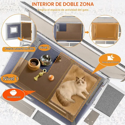 Vista 3 de PetsCosset Casa Aislada para Gatos de Exterior Resistente a la Intemperie con Balcón, Aislamiento Integral, Refugio de Madera para Gatos Ferales