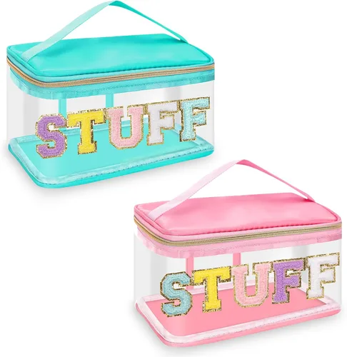 Vista 10 de izuzta Bolsas de maquillaje transparentes con letras de chenilla, bolsa de maquillaje de parche preppy con asa