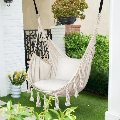Vista 4 de Halalona Silla hamaca colgante de cuerda con 2 cojines y kits de herramientas, resistente y duradero, suave algodón tejido a mano, silla colgante
