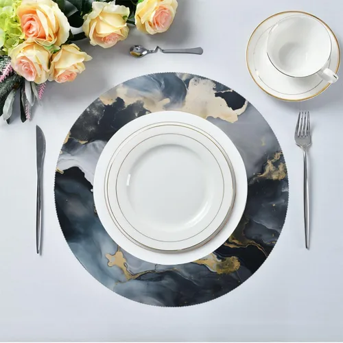Vista 3 de Abstract Black Gold Marble Print Round Place Mats Set of 1, Heat Resistant Washable Placemats Polyester Round Table Mats for Kitchen Home Decor