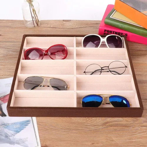 Vista 5 de Cyrank Caja de 10 rejillas para lentes de sol, organizador de lentes de sol, bandeja de almacenamiento para lentes de sol, organizador de terciopelo