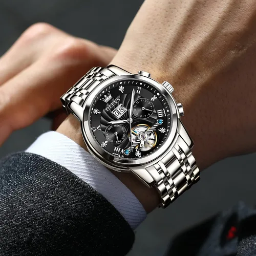 Vista 3 de OLEVS Relojes automáticos para hombre, reloj mecánico de lujo con cuerda automática, Tourbillon, reloj de esqueleto, reloj de negocios con diamantes