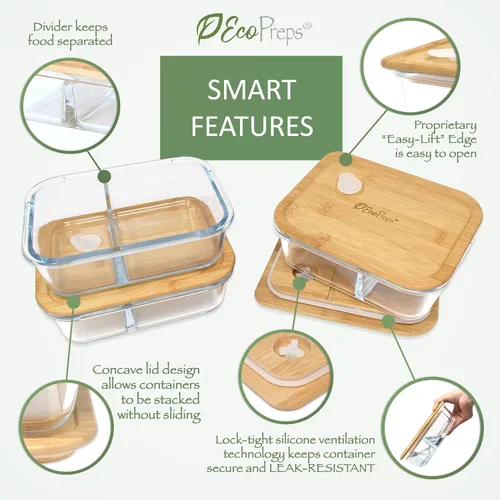 Vista 4 de EcoPreps Contenedores de vidrio para preparación de comidas con tapas de bambú, juego de recipientes de vidrio de 2 compartimentos (paquete de 3)