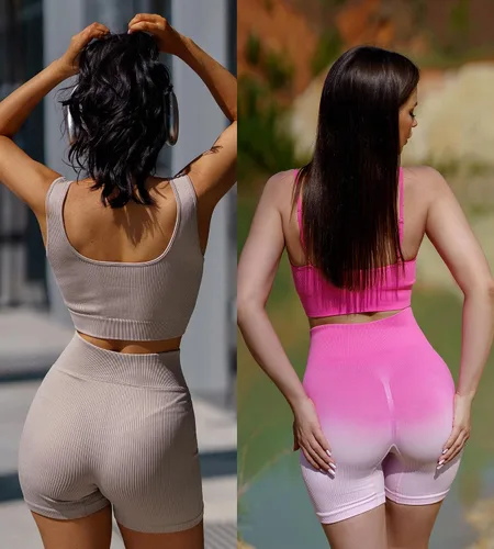 Vista 5 de FINETOO Workout Sets for Women 4 Pieces Ribbed Crop Tank Shorts Active Gym Exercise High Waisted Sports Yoga Outfit S-L