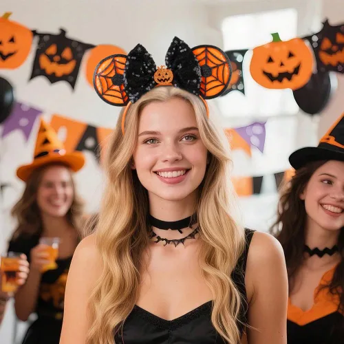 Vista 3 de Diademas de orejas de ratón de Halloween para mujer, decoración de lazo para el pelo con calabaza y telaraña, diadema de lentejuelas, fiesta