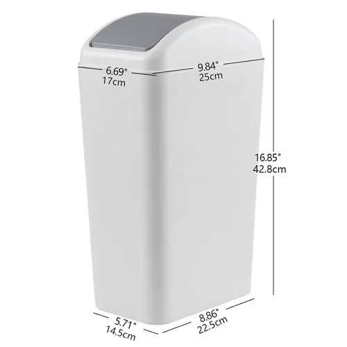 Vista 2 de Bote de basura de 3 galones con tapa, cubo de basura de plástico con tapa abatible (gris) Slim Swing-Top Waste Bin, Narrow Rectangular Body