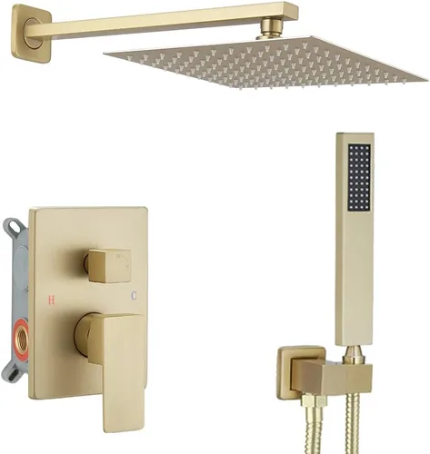 Vista 16 de Sistema de ducha dorado cepillado con cabezal de ducha de lluvia de alta presión de 20.3 cm, cabezal de ducha de mano, juego combinado