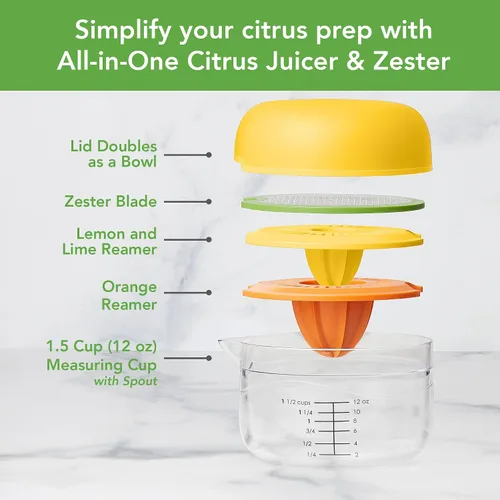 Vista 2 de Tovolo Juego de exprimidor de cítricos y rallador todo en uno, blanco y amarillo – Exprimidor manual con taza de medición, dos recolectores, libre